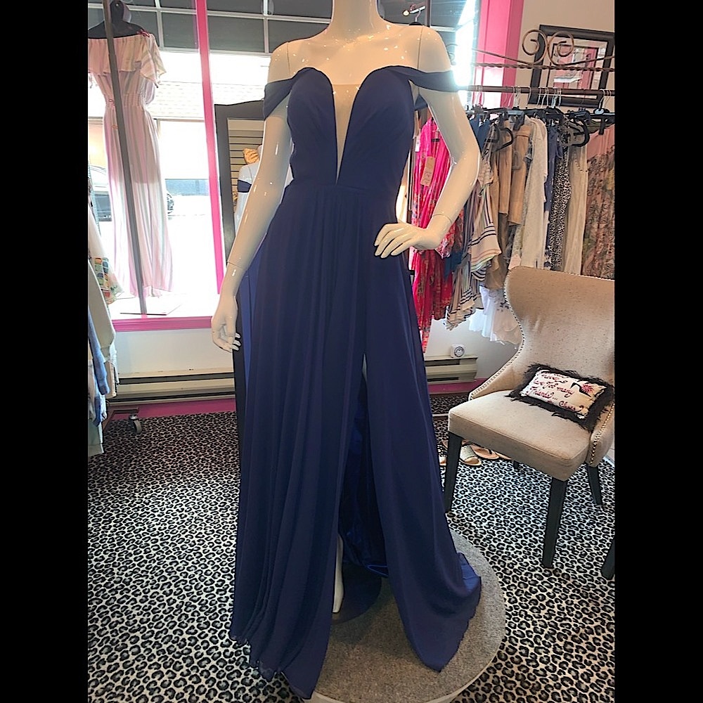 Blue Faviana corset back gown
